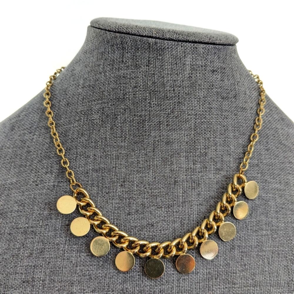 JS Signed Trendy Gold Tone Disc Coin Chain Dangle Chacha Necklace